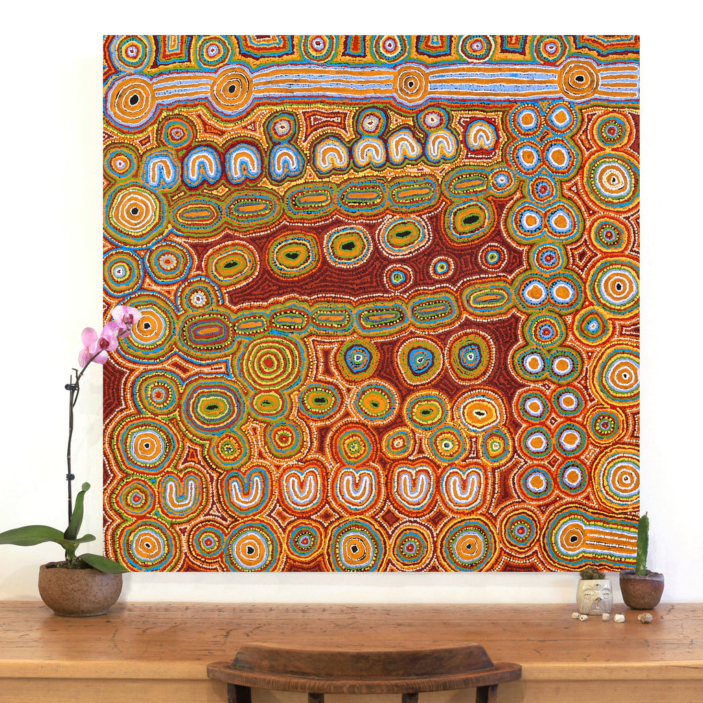 Aboriginal Artwork by Ada Nangala Dixon, Ngapa Jukurrpa (Water Dreaming) - Puyurru, 107x107cm - ART ARK®