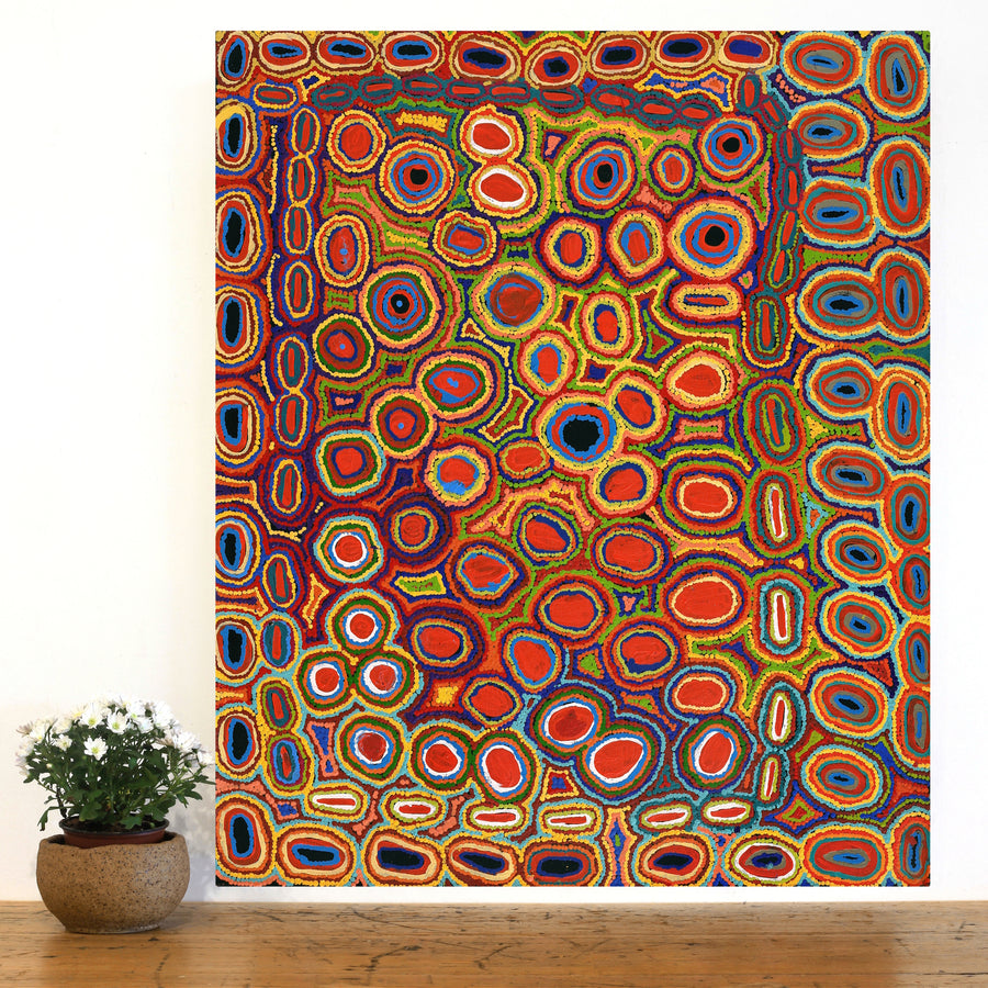 Aboriginal Artwork by Ada Nangala Dixon, Ngapa Jukurrpa (Water Dreaming) - Puyurru, 91x76cm