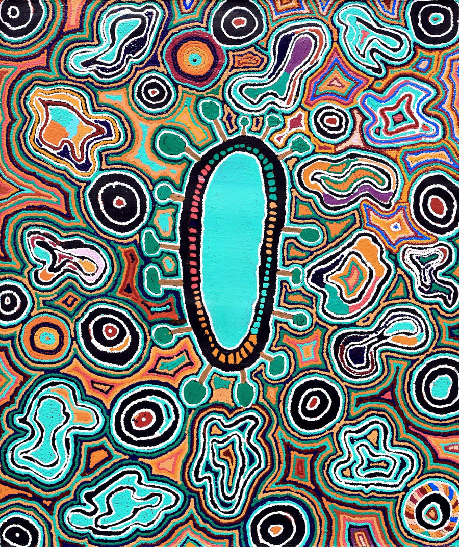 Aboriginal Artwork by Ada Nangala Dixon, Ngapa Jukurrpa (Water Dreaming) - Puyurru, 91x76cm