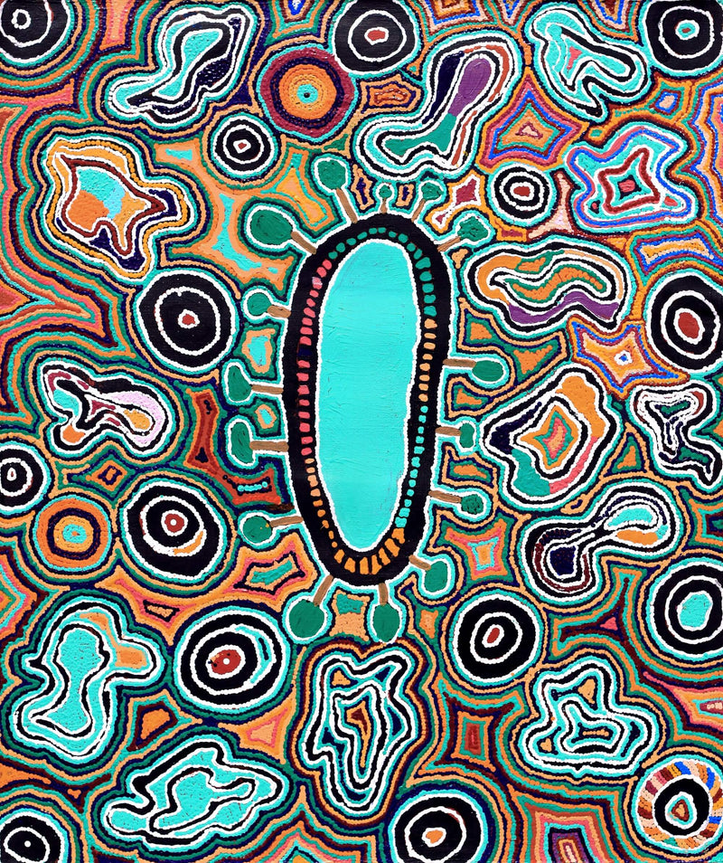 Aboriginal Artwork by Ada Nangala Dixon, Ngapa Jukurrpa (Water Dreaming) - Puyurru, 91x76cm