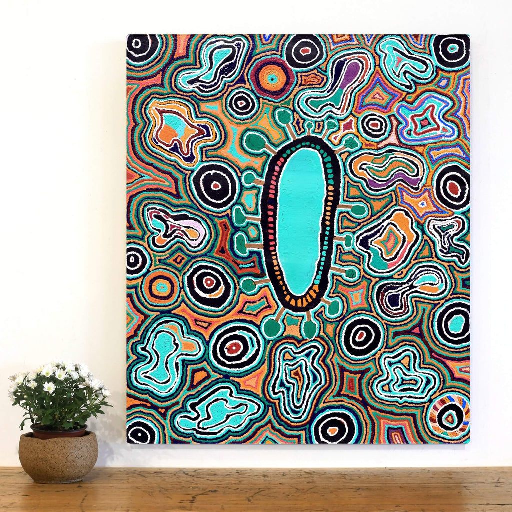 Aboriginal Artwork by Ada Nangala Dixon, Ngapa Jukurrpa (Water Dreaming) - Puyurru, 91x76cm