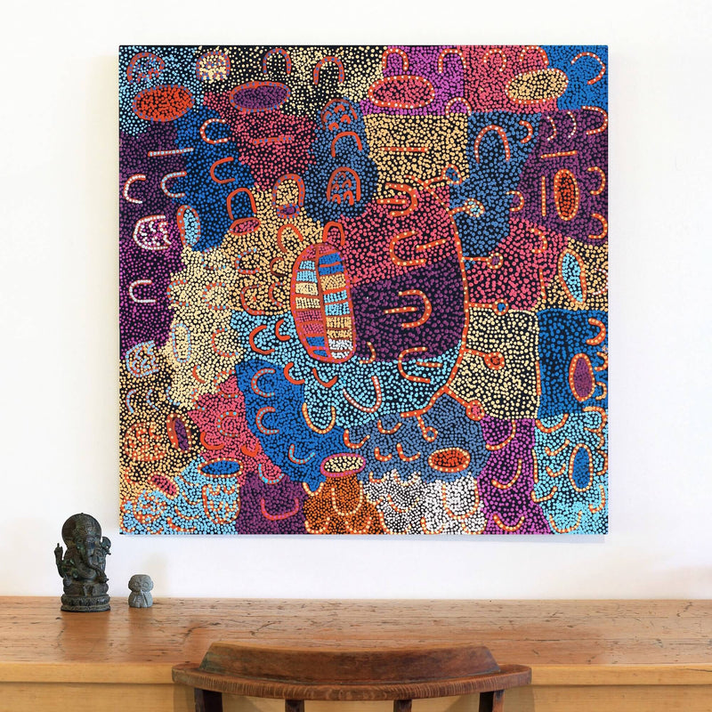 Aboriginal Artwork by Ada Nangala Dixon, Ngapa Jukurrpa (Water Dreaming) - Puyurru, 91x91cm