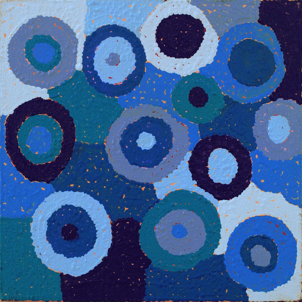 Aboriginal Artwork by Agnes Nampijinpa Brown, Ngapa Jukurrpa (Water Dreaming) - Puyurru, 30x30cm