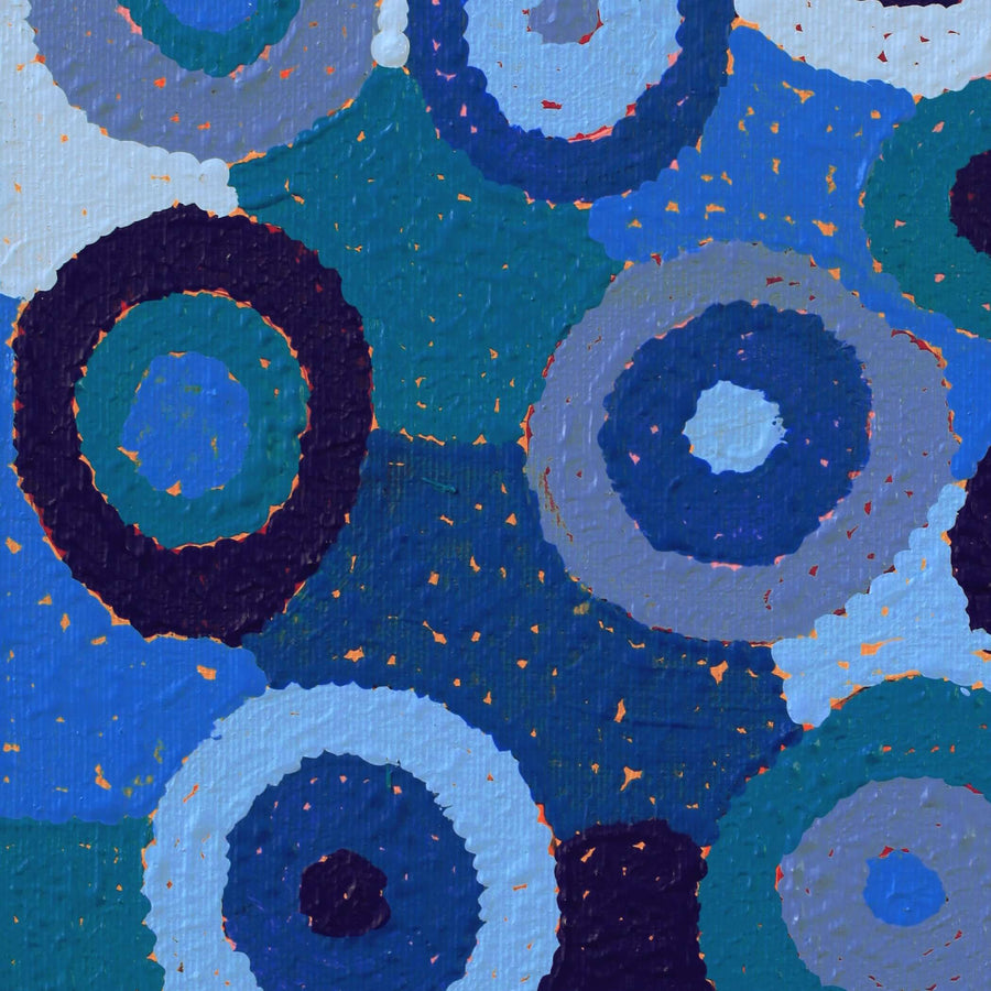 Aboriginal Artwork by Agnes Nampijinpa Brown, Ngapa Jukurrpa (Water Dreaming) - Puyurru, 30x30cm