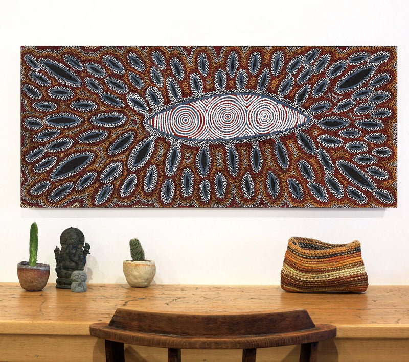 Aboriginal Artwork by Agnes Nampijinpa Fry, Pamapardu Jukurrpa (Flying Ant Dreaming) - Warntu, 107x46cm
