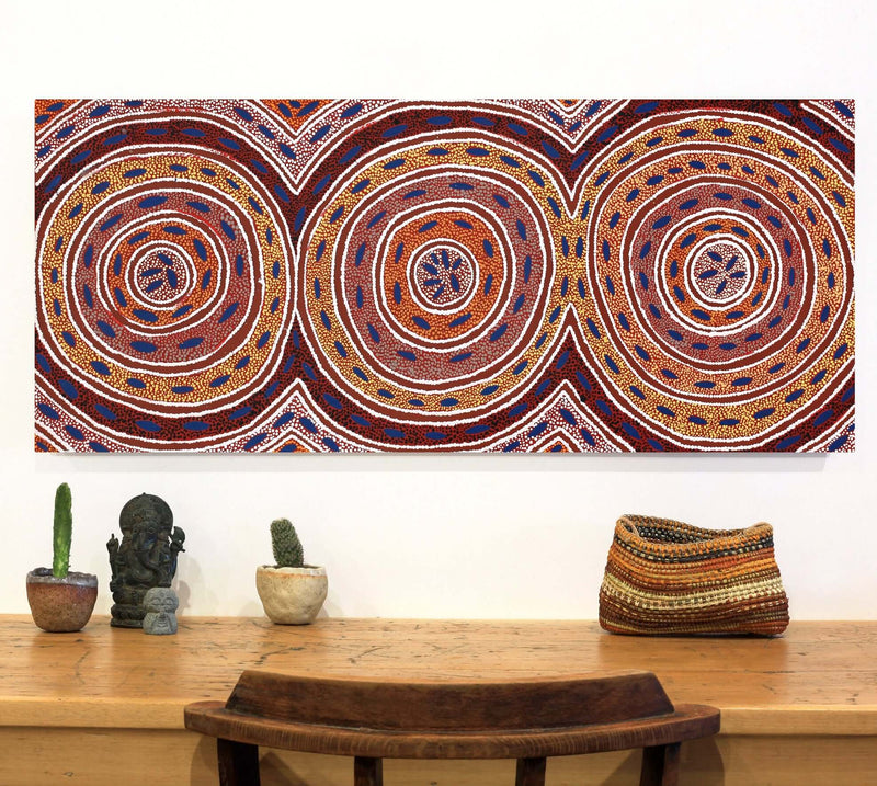 Aboriginal Artwork by Agnes Nampijinpa Fry, Pamapardu Jukurrpa (Flying Ant Dreaming) - Warntu, 107x46cm