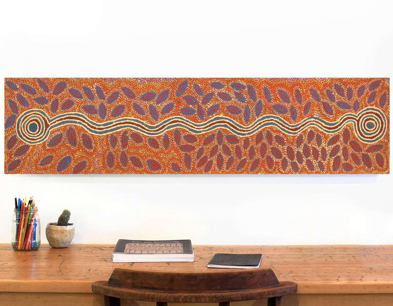 Aboriginal Artwork by Agnes Nampijinpa Fry, Pamapardu Jukurrpa (Flying Ant Dreaming) - Warntu, 122x30cm