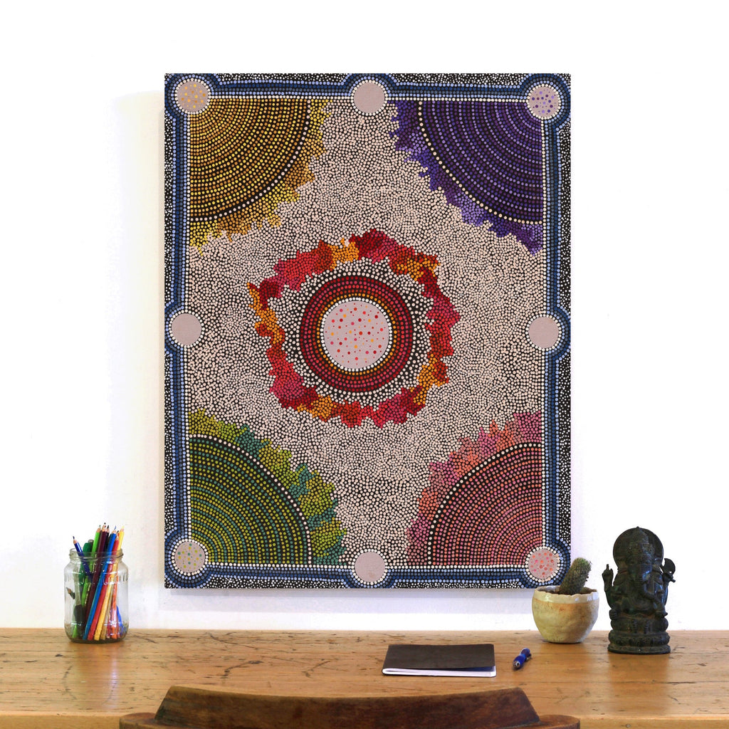 Aboriginal Artwork by Agnes Nampijinpa Fry, Ngapa Jukurrpa (Water Dreaming) - Puyurru, 76x61cm