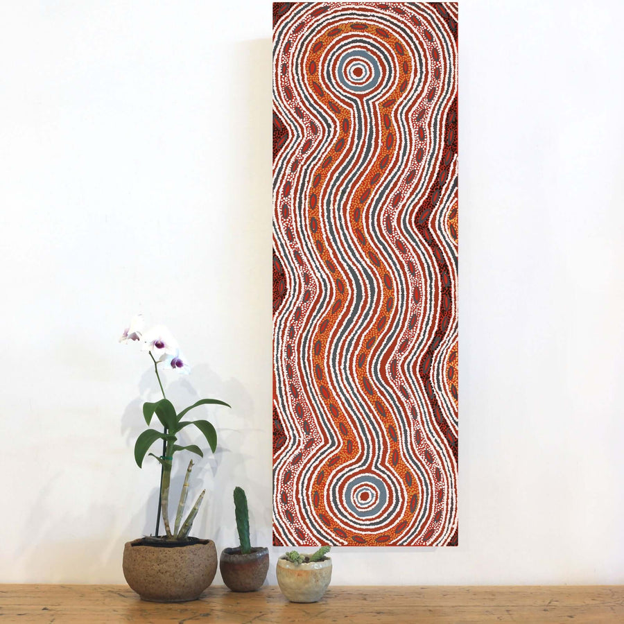 Aboriginal Artwork by Agnes Nampijinpa Fry, Pamapardu Jukurrpa (Flying Ant Dreaming) - Warntu, 91x30cm