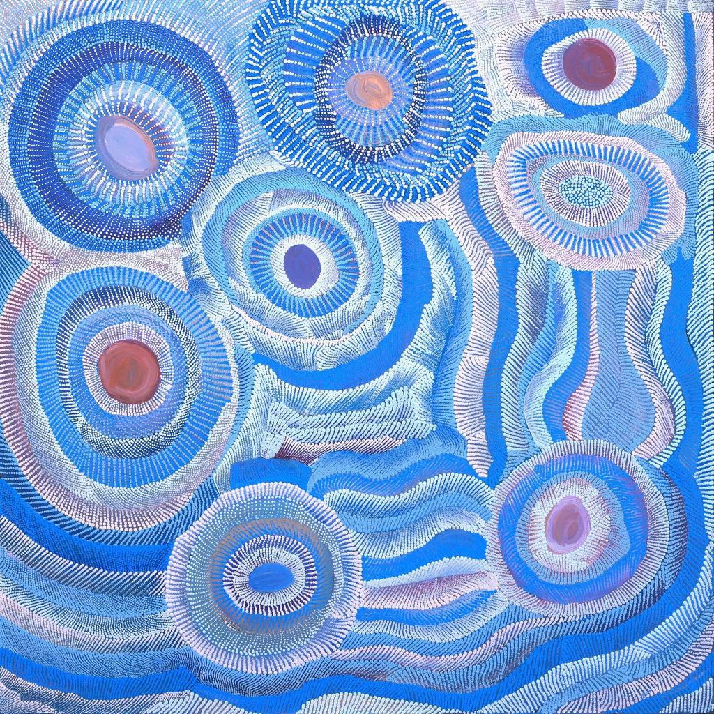 Aboriginal Artwork by Agnes Nampijinpa Brown, Ngapa Jukurrpa (Water Dreaming) - Puyurru, 107x107cm - ART ARK®