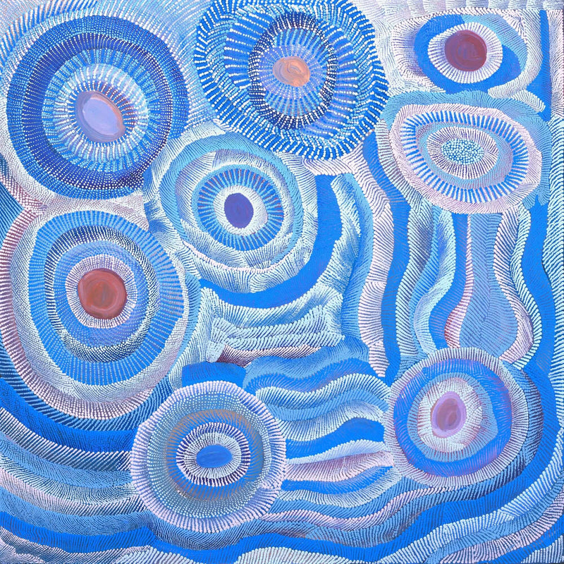 Aboriginal Artwork by Agnes Nampijinpa Brown, Ngapa Jukurrpa (Water Dreaming) - Puyurru, 107x107cm