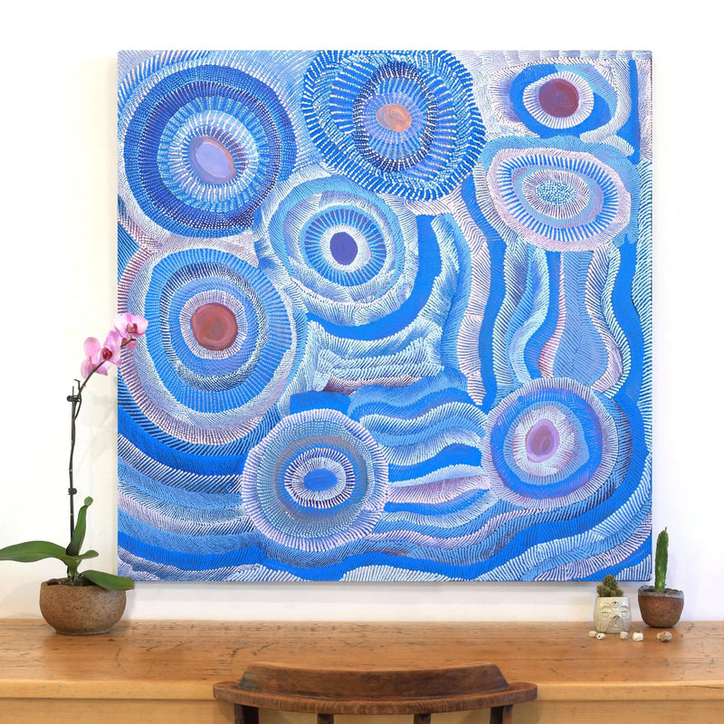 Aboriginal Artwork by Agnes Nampijinpa Brown, Ngapa Jukurrpa (Water Dreaming) - Puyurru, 107x107cm