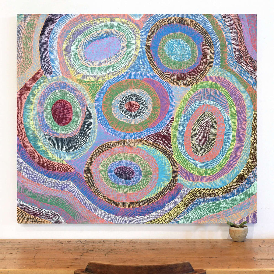 Aboriginal Artwork by Agnes Nampijinpa Brown, Ngapa Jukurrpa (Water Dreaming) - Puyurru, 122x107cm