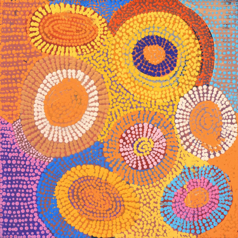 Aboriginal Artwork by Agnes Nampijinpa Brown, Ngapa Jukurrpa (Water Dreaming) - Puyurru, 30x30cm