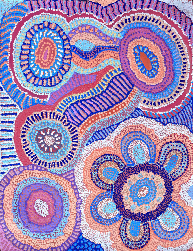 Aboriginal Artwork by Agnes Nampijinpa Brown, Ngapa Jukurrpa (Water Dreaming) - Puyurru, 61x46cm
