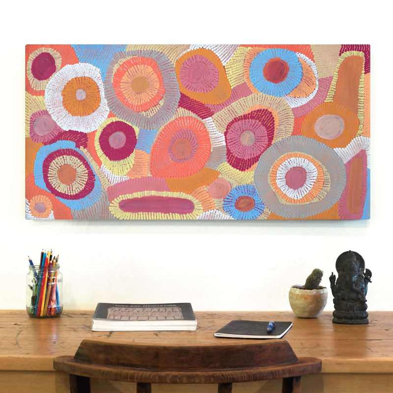 Aboriginal Artwork by Agnes Nampijinpa Brown, Ngapa Jukurrpa (Water Dreaming) - Puyurru, 91x46cm