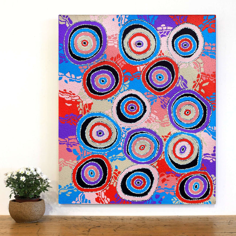 Aboriginal Artwork by Agnes Nampijinpa Brown, Ngapa Jukurrpa (Water Dreaming) - Puyurru, 91x76cm