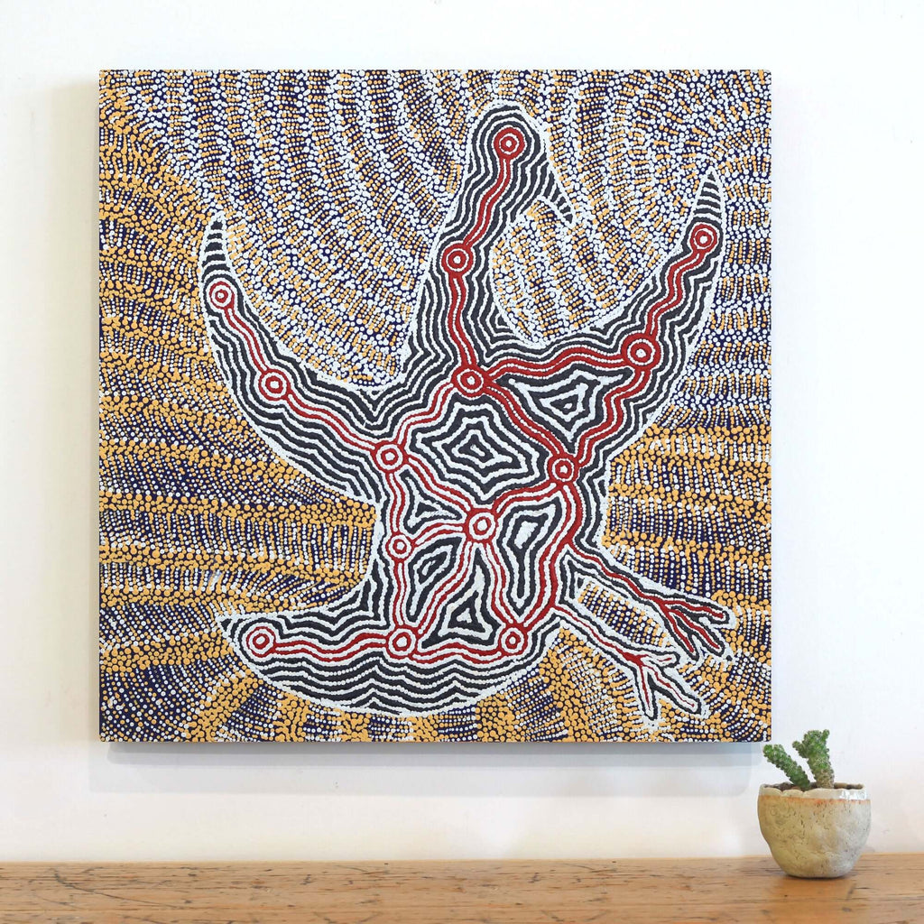 Aboriginal Artwork by Agnes Nampijinpa Fry, Jurlpu kuja kalu nyinami Yurntumu-wana (Birds that live around Yuendumu), 61x61cm