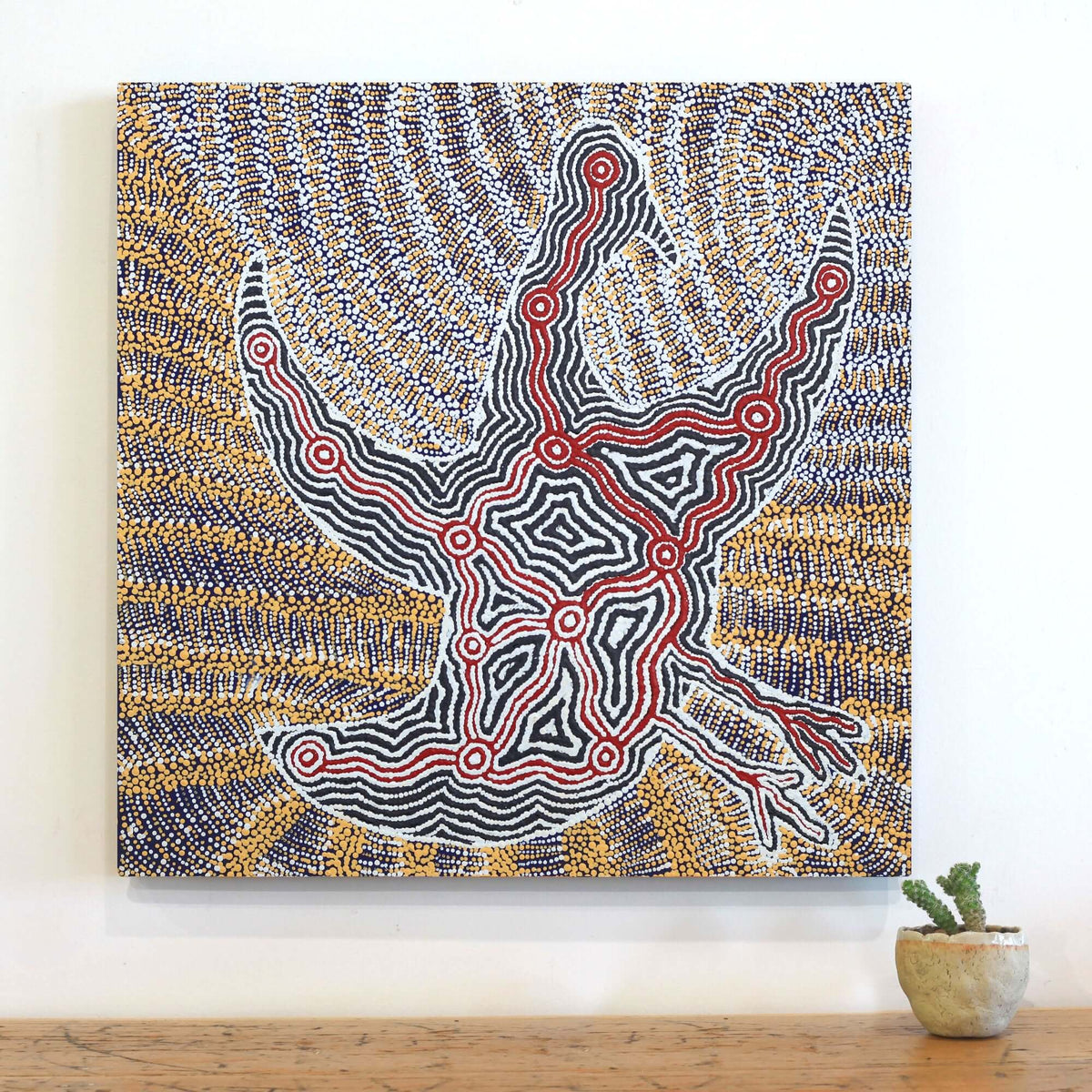 Aboriginal Artwork by Agnes Nampijinpa Fry, Jurlpu kuja kalu nyinami Yurntumu-wana (Birds that live around Yuendumu), 61x61cm