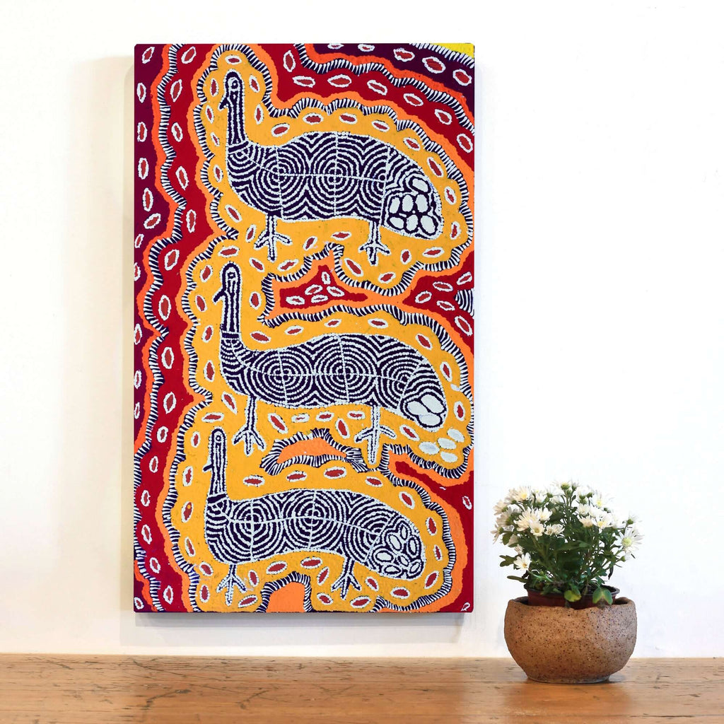 Aboriginal Artwork by Agnes Nampijinpa Fry, Yankirri Jukurrpa (Emu Dreaming) - Ngarlikurlangu, 76x46cm