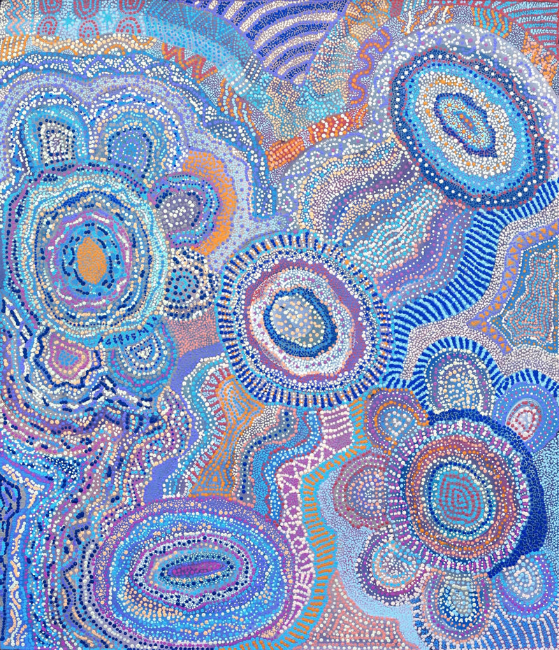 Aboriginal Artwork by Agnes Nampijinpa Brown, Ngapa Jukurrpa (Water Dreaming) - Puyurru, 107x91cm