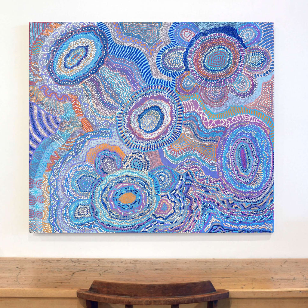 Aboriginal Artwork by Agnes Nampijinpa Brown, Ngapa Jukurrpa (Water Dreaming) - Puyurru, 107x91cm - ART ARK®