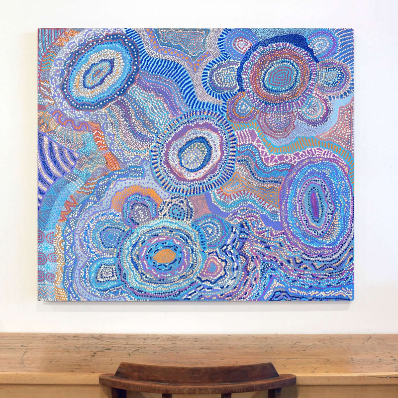 Aboriginal Artwork by Agnes Nampijinpa Brown, Ngapa Jukurrpa (Water Dreaming) - Puyurru, 107x91cm
