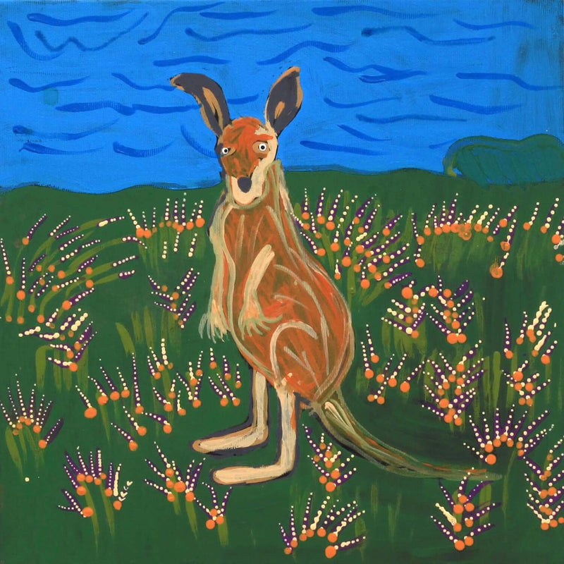 Aboriginal Artwork by Alfreda Nungarrayi Martin, Marlu Jukurrpa (Red Kangaroo Dreaming) Yarnardilyi & Jurnti, 30x30cm