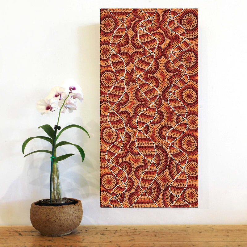 Aboriginal Artwork by Angela Nangala Robertson, Watiya-warnu Jukurrpa (Seed Dreaming) 61x30cm