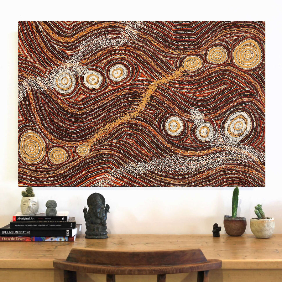 Aboriginal Artwork by Angelina Nampijinpa Tasman, Ngapa Jukurrpa (Water Dreaming) - Pirlinyarnu, 91x61cm