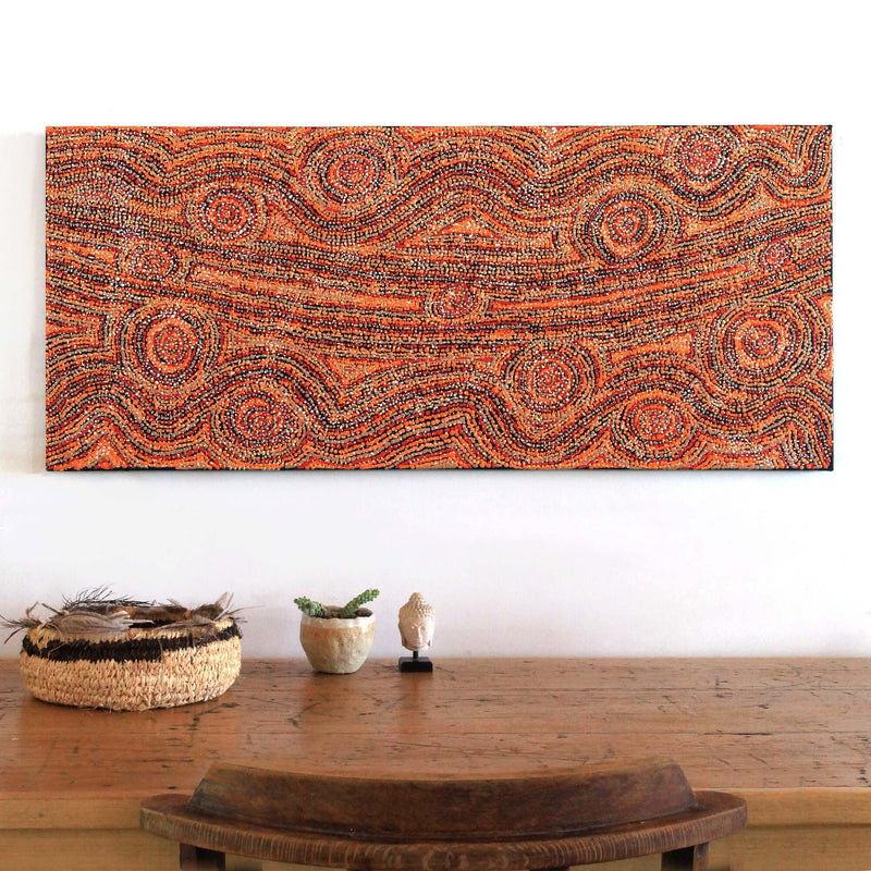 Aboriginal Artwork by Angelina Nampijinpa Tasman, Ngapa Jukurrpa (Water Dreaming) - Pirlinyarnu, 107x46cm
