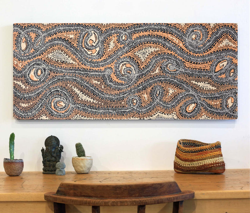 Aboriginal Artwork by Angelina Nampijinpa Tasman, Ngapa Jukurrpa (Water Dreaming) - Pirlinyarnu, 107x46cm