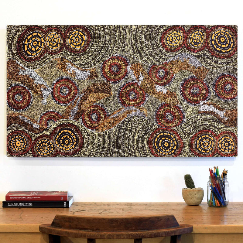 Aboriginal Artwork by Angelina Nampijinpa Tasman, Ngapa Jukurrpa (Water Dreaming) - Pirlinyarnu, 107x61cm