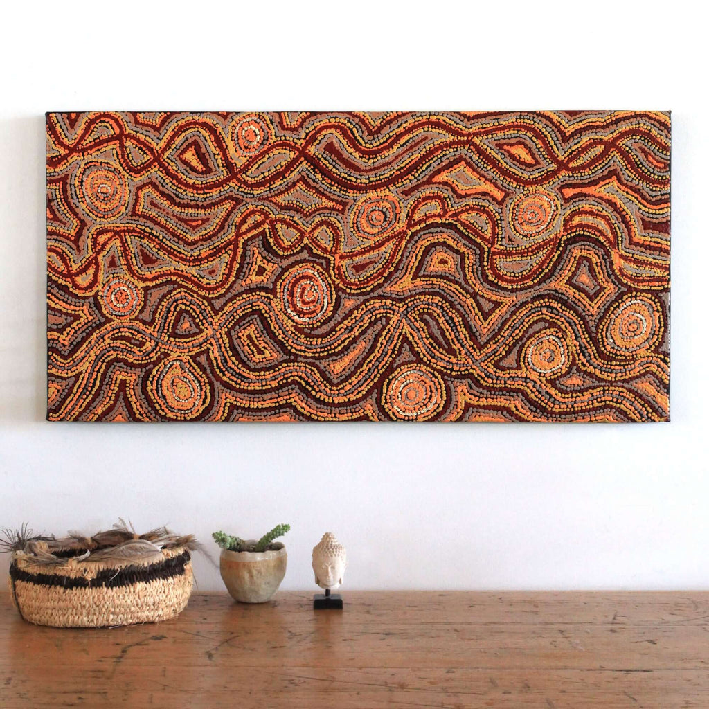 Aboriginal Artwork by Angelina Nampijinpa Tasman, Ngapa Jukurrpa (Water Dreaming) - Pirlinyarnu, 91x46cm
