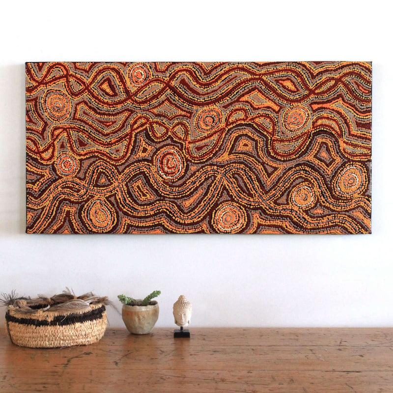 Aboriginal Artwork by Angelina Nampijinpa Tasman, Ngapa Jukurrpa (Water Dreaming) - Pirlinyarnu, 91x46cm
