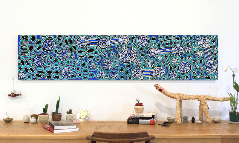 Aboriginal Artwork by Anne Dixon, Rosemary Peters and Noreen Dixon, Waru at Watarru, 180x40cm