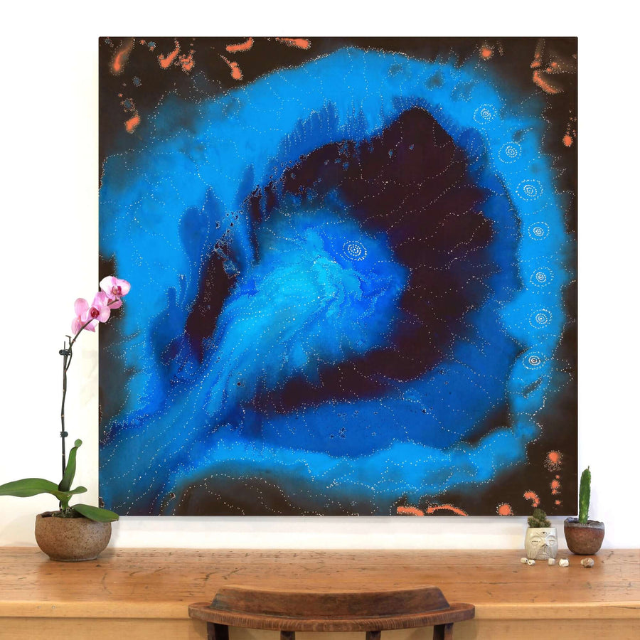 Aboriginal Artwork by Athena Nangala Granites, Napaljarri-warnu Jukurrpa (Seven Sisters Dreaming), 107x107cm