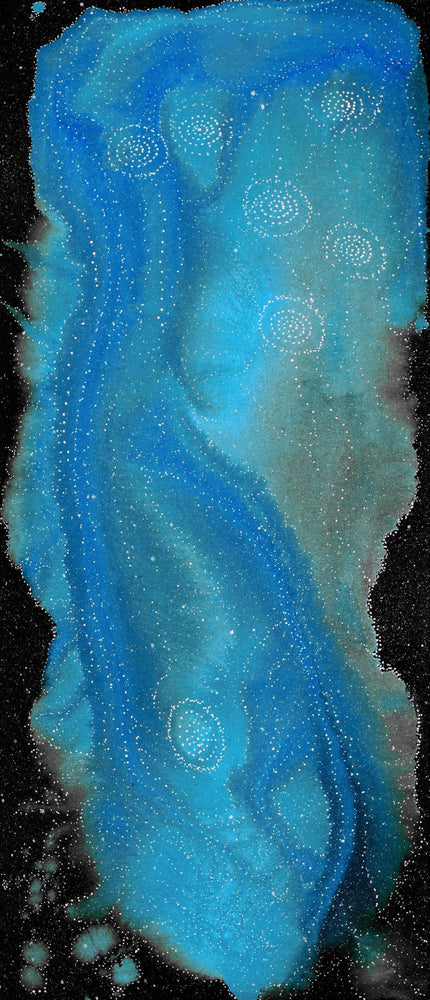 Aboriginal Artwork by Athena Nangala Granites, Napaljarri-warnu Jukurrpa (Seven Sisters Dreaming), 107x46cm