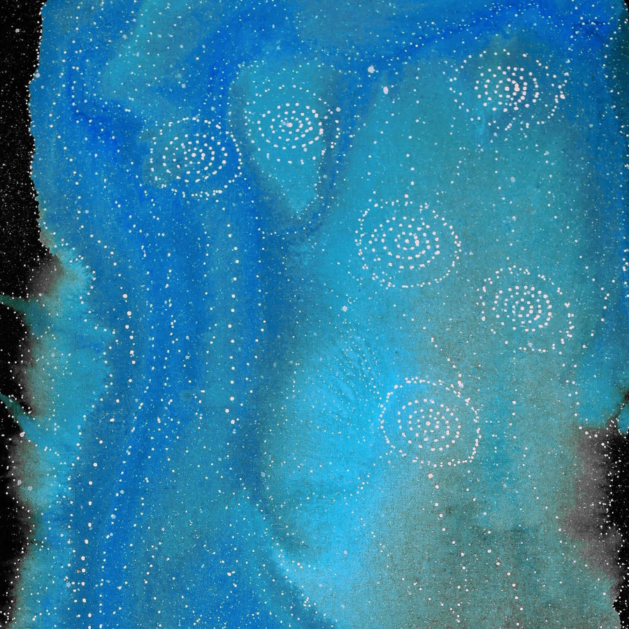 Aboriginal Artwork by Athena Nangala Granites, Napaljarri-warnu Jukurrpa (Seven Sisters Dreaming), 107x46cm