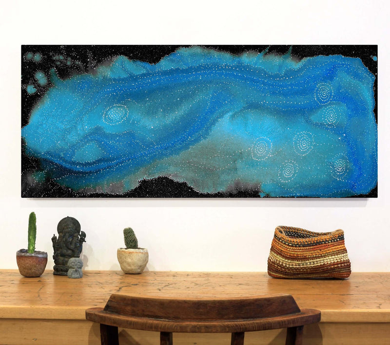 Aboriginal Artwork by Athena Nangala Granites, Napaljarri-warnu Jukurrpa (Seven Sisters Dreaming), 107x46cm