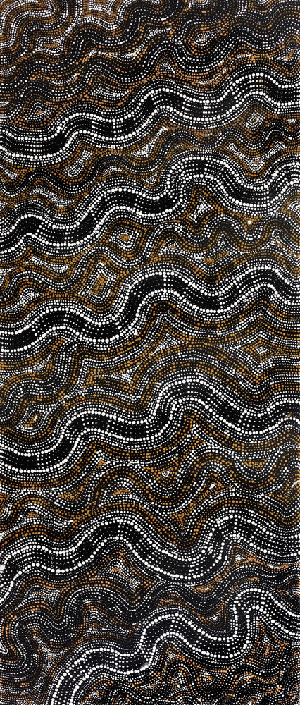 Aboriginal Artwork by Athena Nangala Granites, Ngapa Jukurrpa (Water Dreaming) - Puyurru, 107x46cm