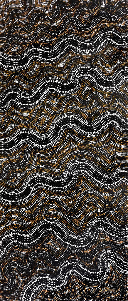 Aboriginal Artwork by Athena Nangala Granites, Ngapa Jukurrpa (Water Dreaming) - Puyurru, 107x46cm