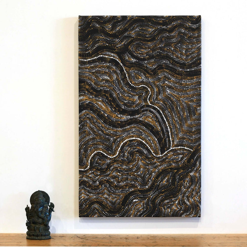 Aboriginal Artwork by Athena Nangala Granites, Ngapa Jukurrpa (Water Dreaming) - Puyurru, 76x46cm