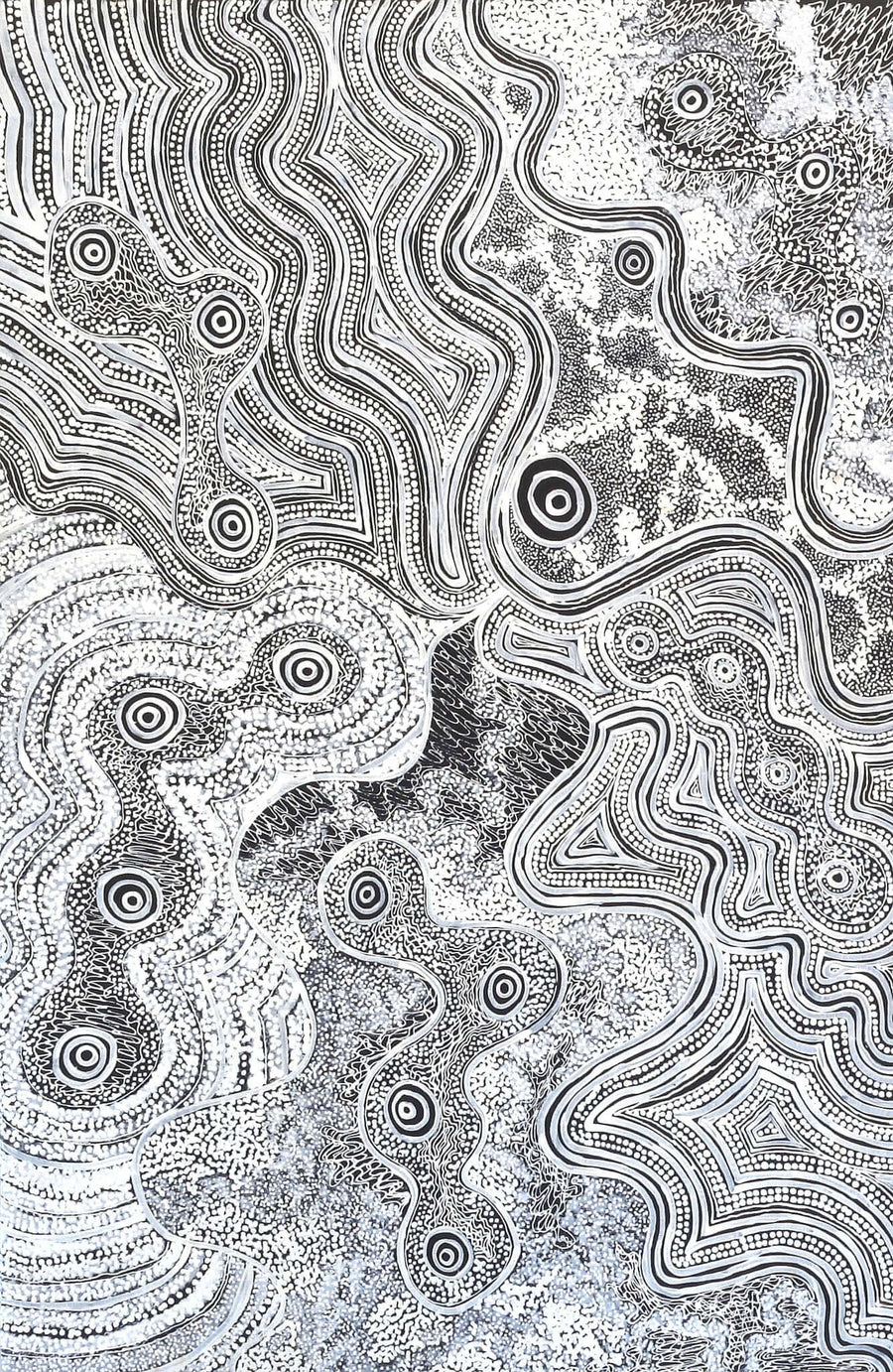 Aboriginal Artwork by Athena Nangala Granites, Ngapa Jukurrpa (Water Dreaming) - Puyurru, 91x61cm