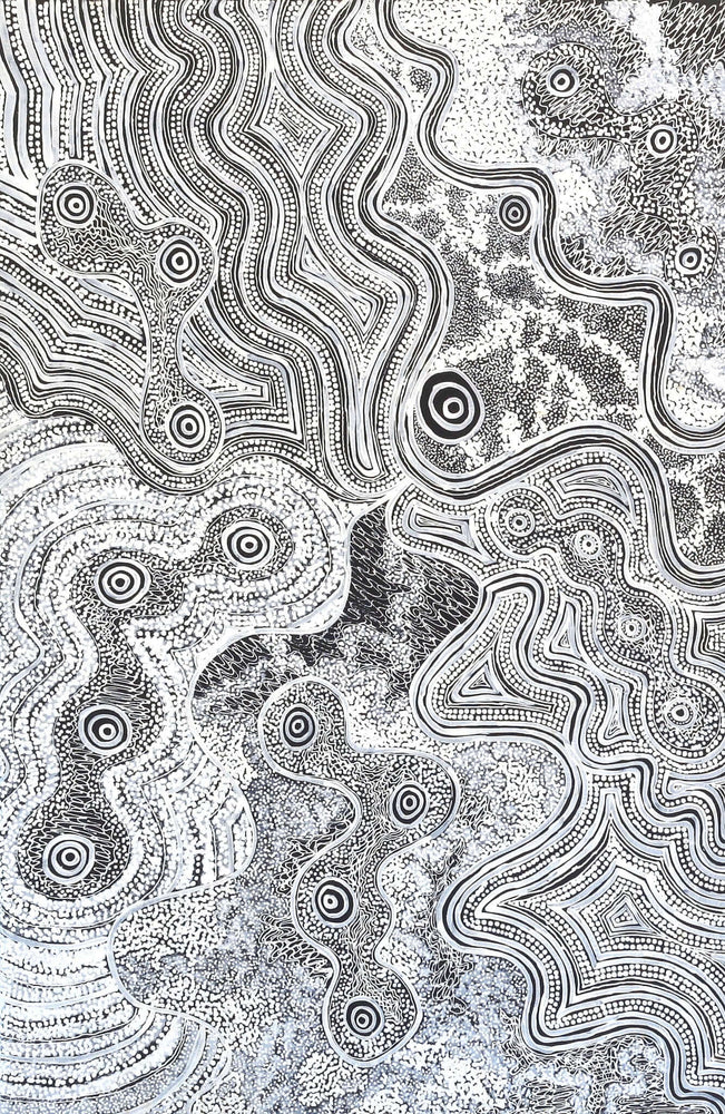 Aboriginal Artwork by Athena Nangala Granites, Ngapa Jukurrpa (Water Dreaming) - Puyurru, 91x61cm