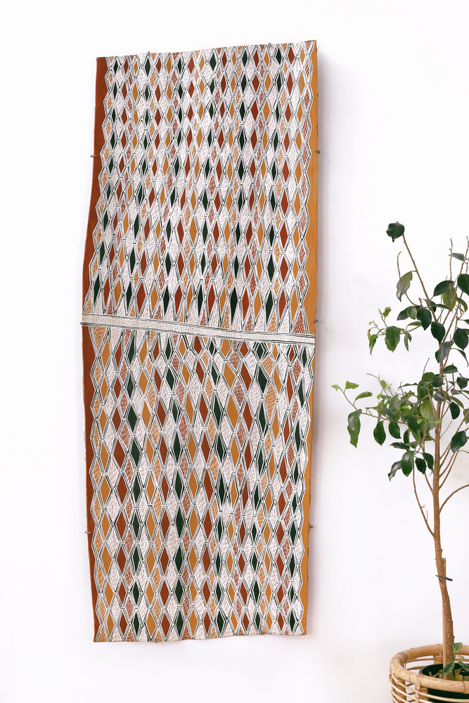 Aboriginal Artwork by Batja Marawili Narulwuy, Baykultji, 149x57cm Bark