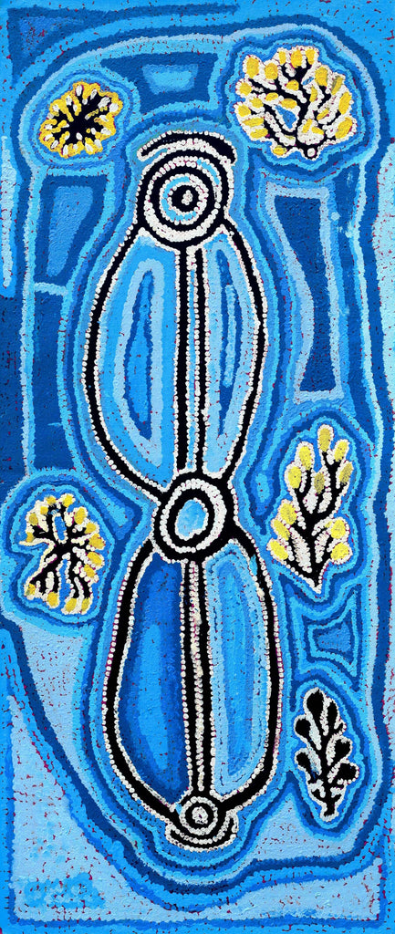 Aboriginal Artwork by Bessie Nakamarra Sims, Ngarlajiyi Jukurrpa (Bush Carrot Dreaming), 107x46cm