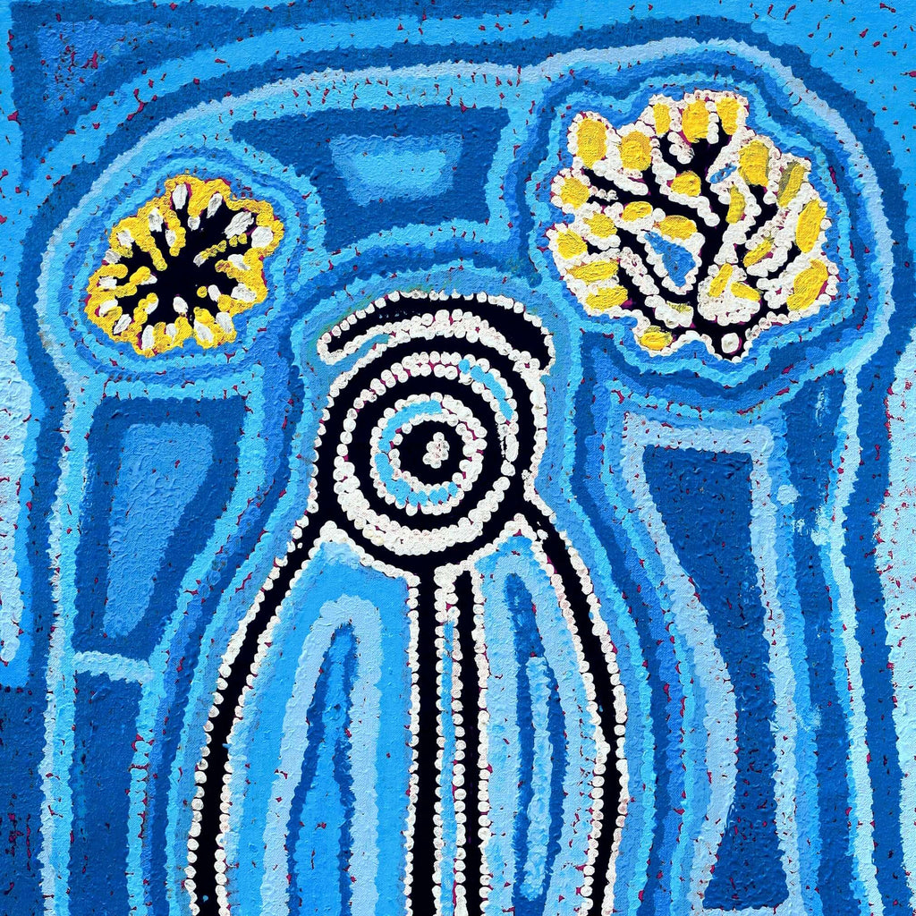 Aboriginal Artwork by Bessie Nakamarra Sims, Ngarlajiyi Jukurrpa (Bush Carrot Dreaming), 107x46cm