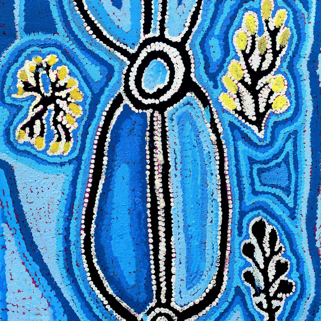 Aboriginal Artwork by Bessie Nakamarra Sims, Ngarlajiyi Jukurrpa (Bush Carrot Dreaming), 107x46cm