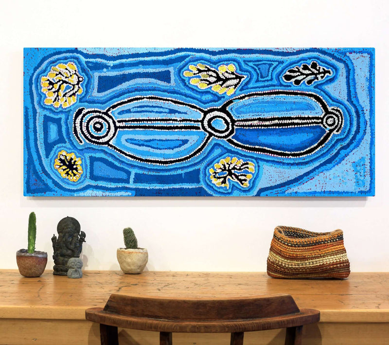 Aboriginal Artwork by Bessie Nakamarra Sims, Ngarlajiyi Jukurrpa (Bush Carrot Dreaming), 107x46cm